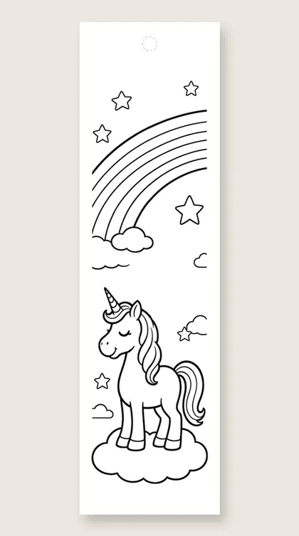 Unicorn under a rainbow: coloring bookmark