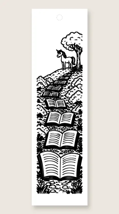Path of books: unicorn coloring bookmark