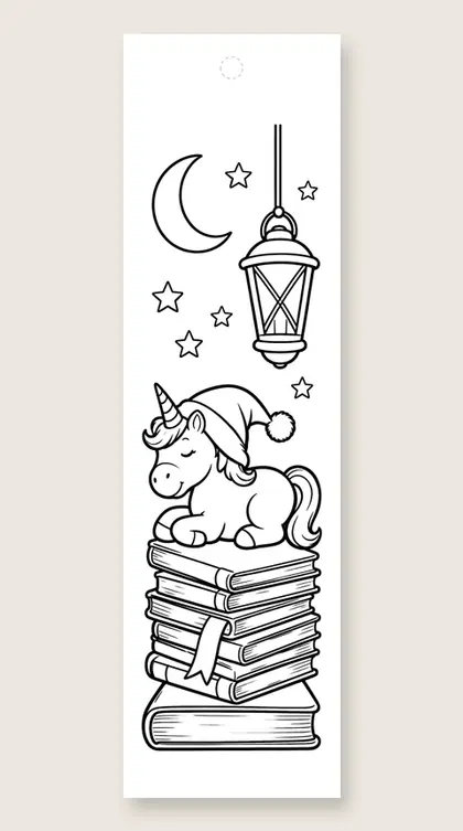 Sleeping on storybooks: unicorn coloring bookmark