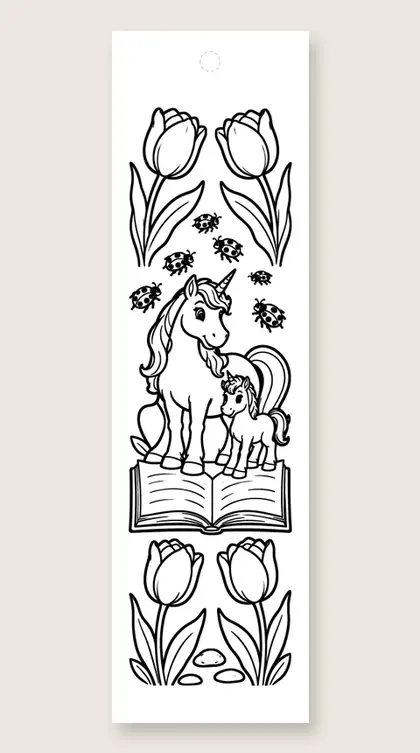 Mother and foal reading: unicorn coloring bookmark