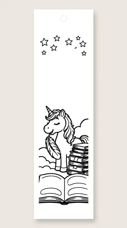 Unicorn author at work: unicorn coloring bookmark