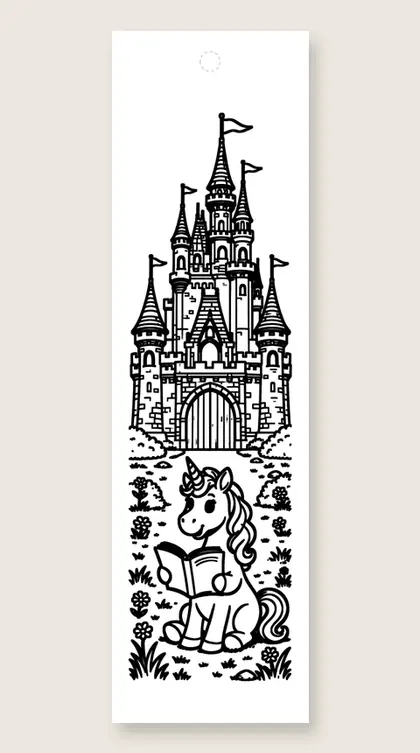 Reading by the castle: unicorn coloring bookmark