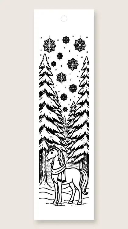 Unicorn in winter snow: unicorn coloring bookmark