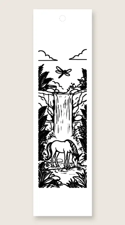 Unicorn at the waterfall: unicorn coloring bookmark