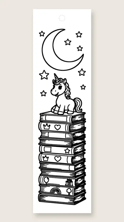 Unicorn on a book stack: coloring bookmark