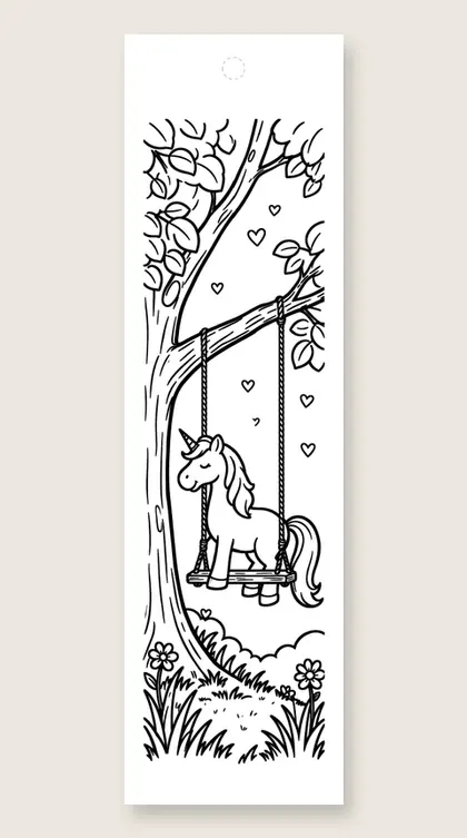 Unicorn on a swing: unicorn coloring bookmark