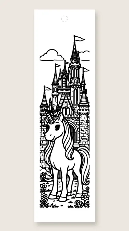 Unicorn princess and castle: unicorn coloring bookmark