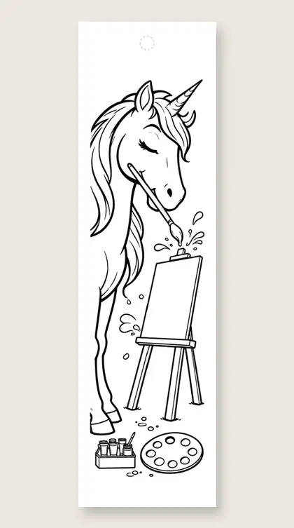 Unicorn painter at easel: unicorn coloring bookmark