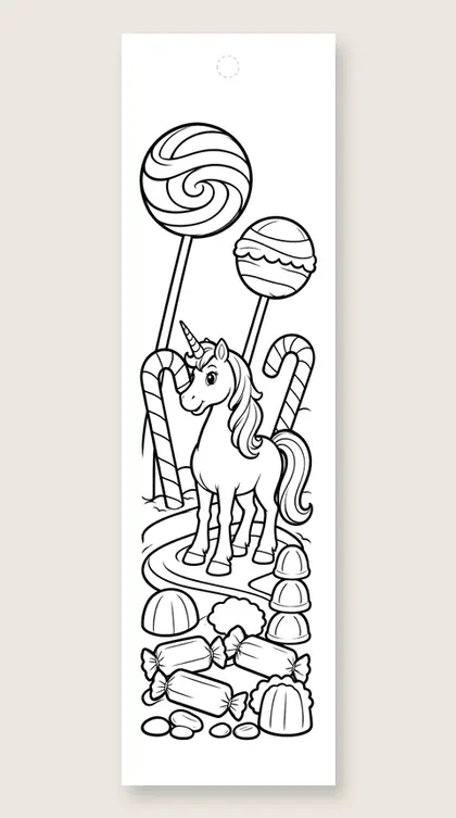 Candy land unicorn: unicorn coloring bookmark