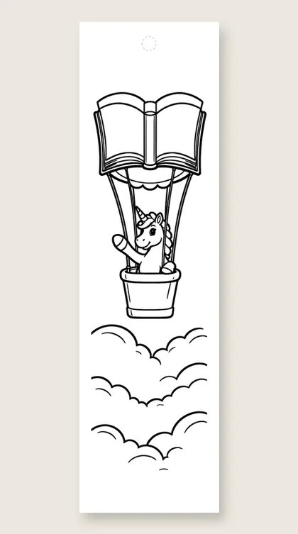 Book balloon adventure: unicorn coloring bookmark