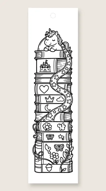 Baby unicorn book tower: coloring bookmark