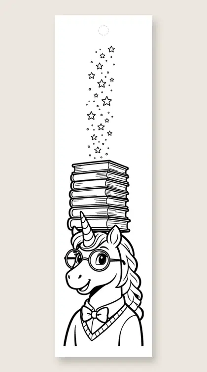 Unicorn librarian with books: coloring bookmark