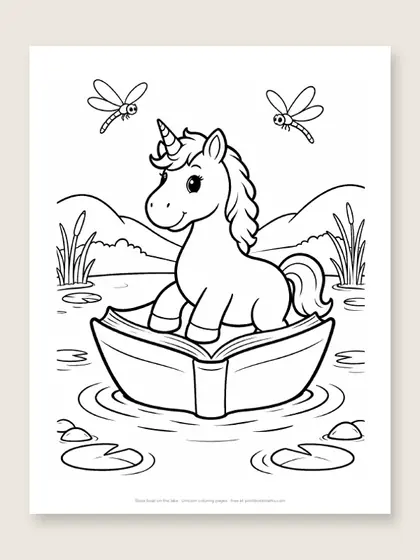 Book boat on the lake: unicorn coloring page