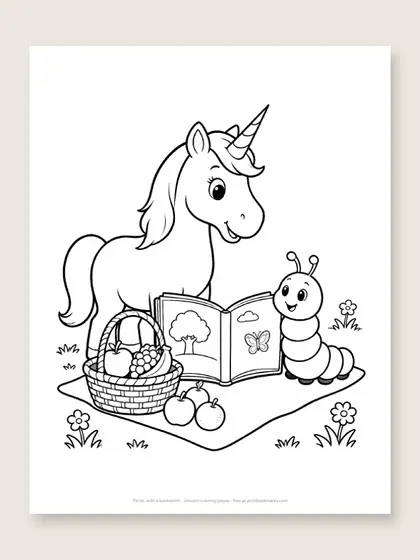 Picnic with a bookworm: unicorn coloring page