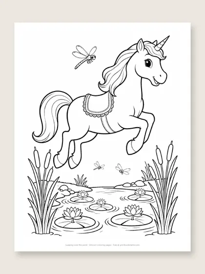 Leaping over the pond: unicorn coloring page