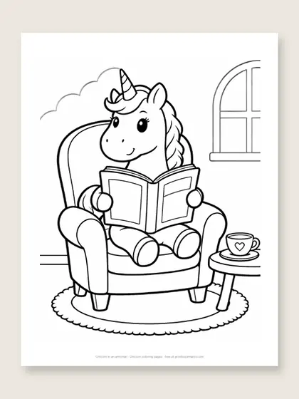 Unicorn in an armchair: unicorn coloring page