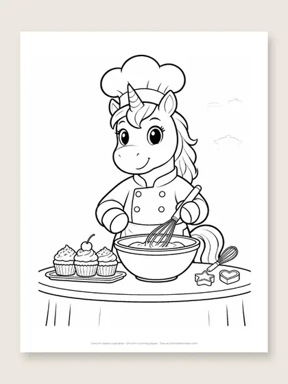 Unicorn bakes cupcakes: unicorn coloring page