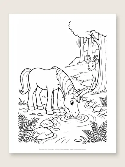 Drinking from the stream: unicorn coloring page