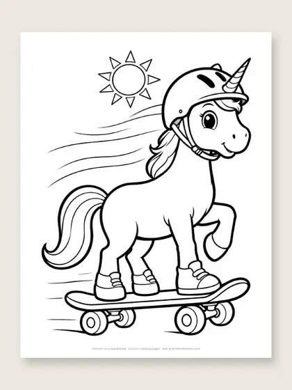 Unicorn on a skateboard: unicorn coloring page