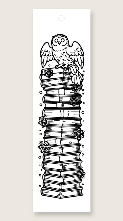 Owl on a book stack: coloring bookmark