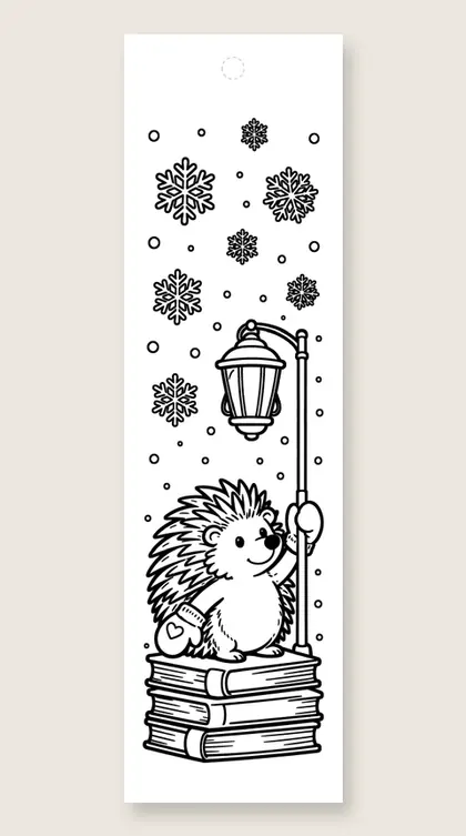 Hedgehog with a lantern: winter coloring bookmark