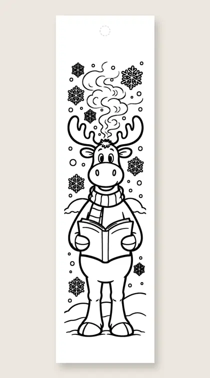 Moose reading in snow: winter coloring bookmark