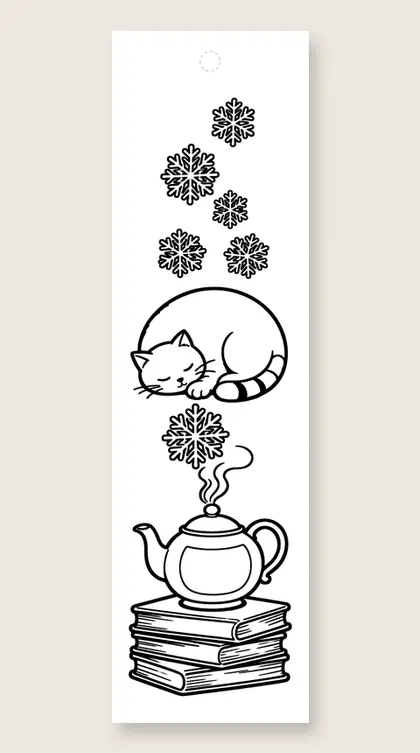 Cat and teapot books: winter coloring bookmark
