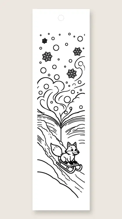 Sledding down a giant book: winter coloring bookmark