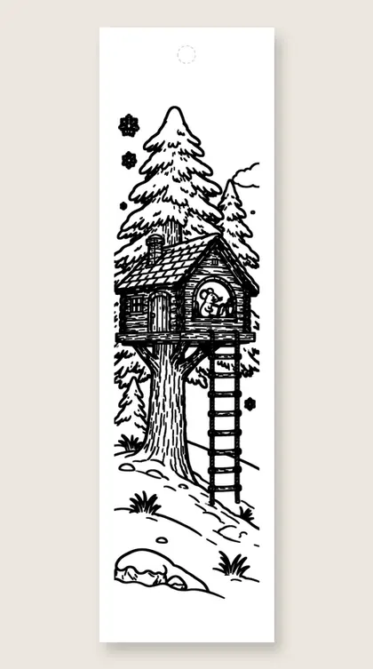 Treehouse reading mouse: winter coloring bookmark