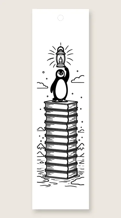 Penguin book lighthouse: winter coloring bookmark