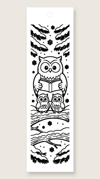 Owl family story time: winter coloring bookmark