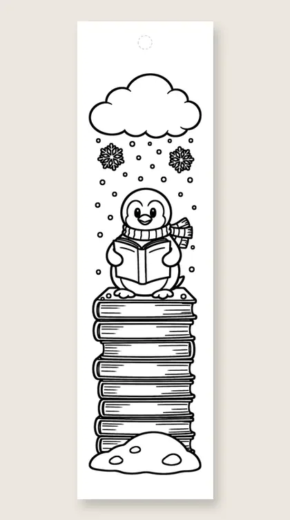 Penguin reading on books: coloring bookmark