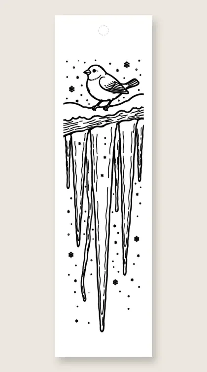 Icicles and a robin: winter coloring bookmark