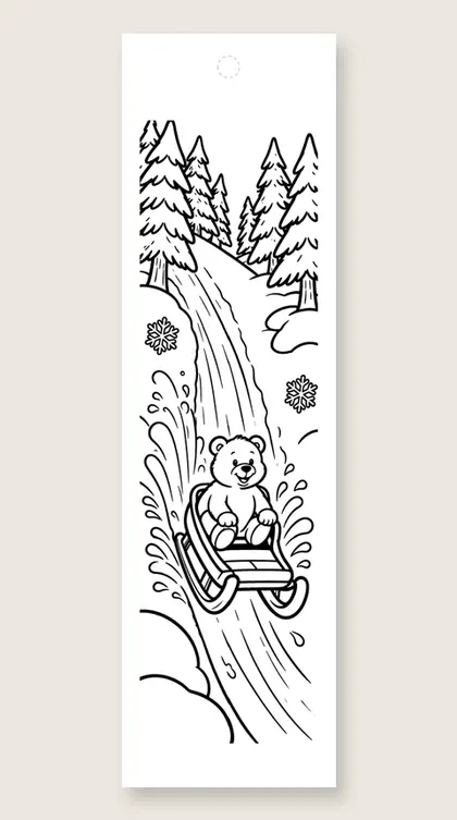 Sledding down the hill: winter coloring bookmark