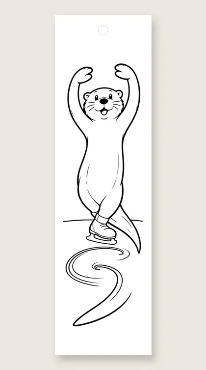 Skating otter twirl: winter coloring bookmark