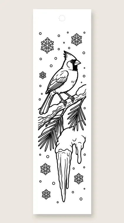 Cardinal on a branch: winter coloring bookmark