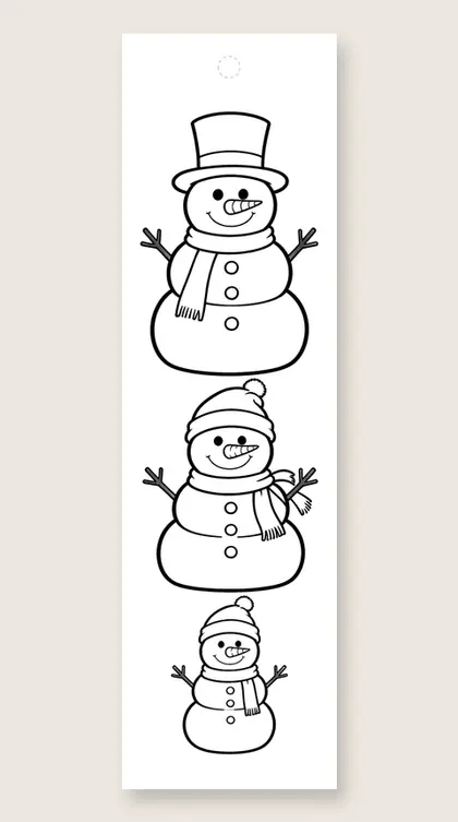 Three stacked snowmen: winter coloring bookmark