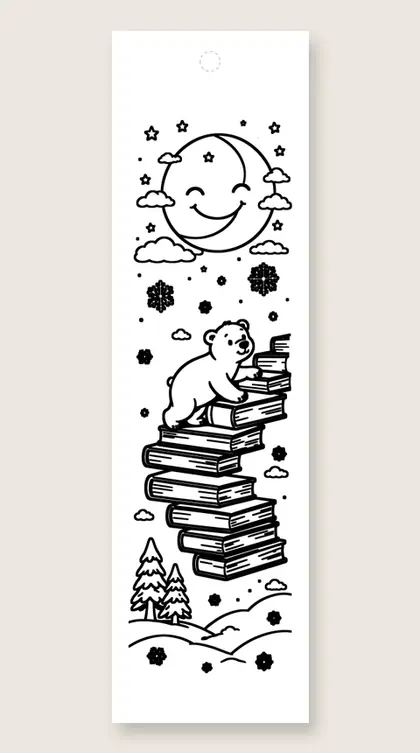 Bear cub climbs book stairs: coloring bookmark