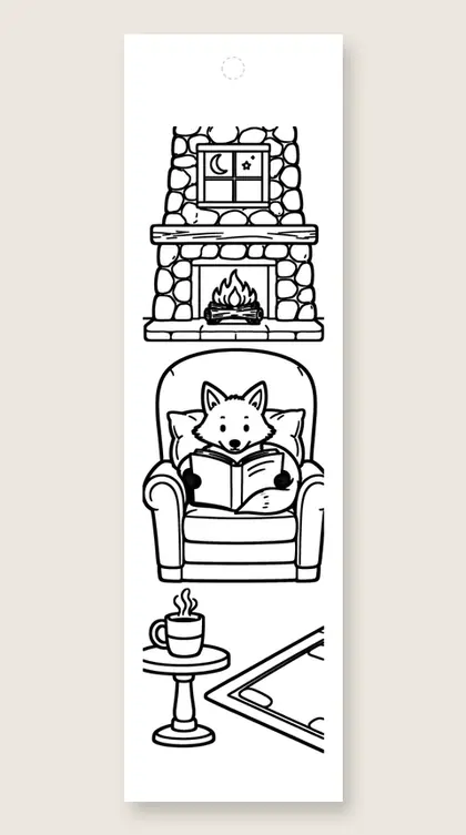 Fox reading by the fire: coloring bookmark