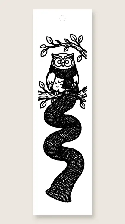 Scarf and wintery owl: winter coloring bookmark