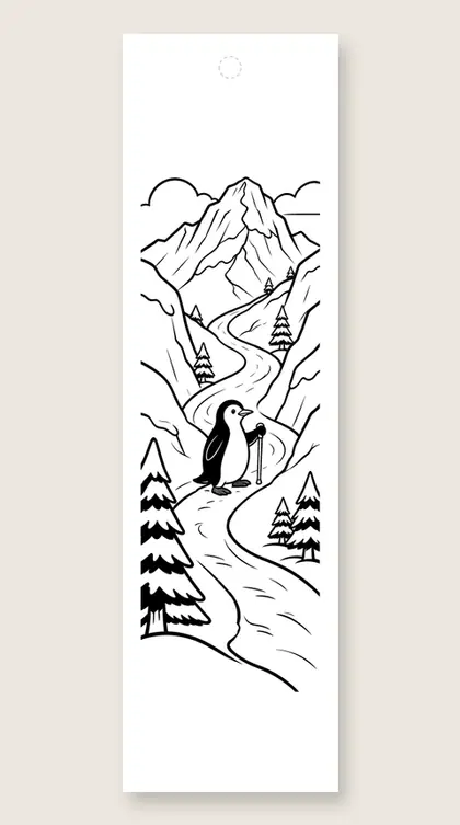Mountain trail penguin: winter coloring bookmark