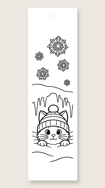 Kitten in a snowdrift: winter coloring bookmark