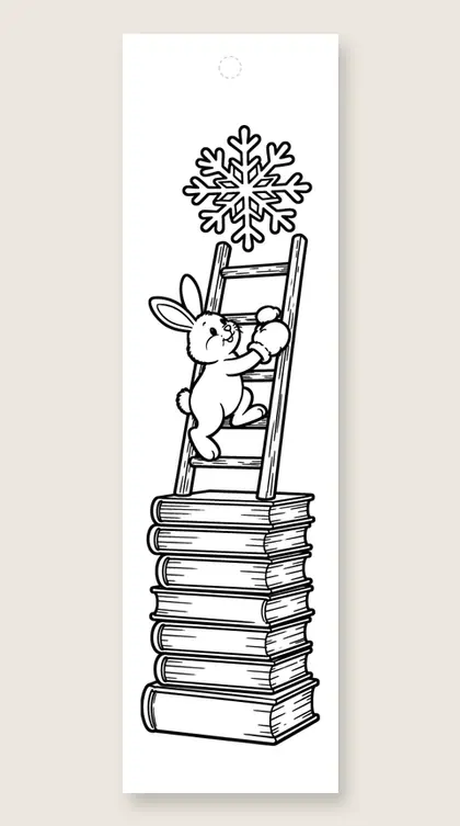 Bunny climbs a book tower: coloring bookmark
