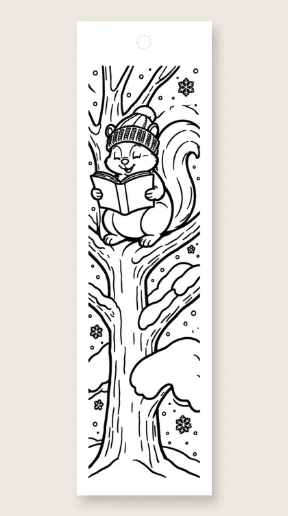Squirrel reads in a tree: coloring bookmark