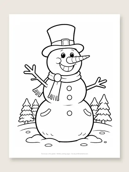 Snowman in the garden: winter coloring page