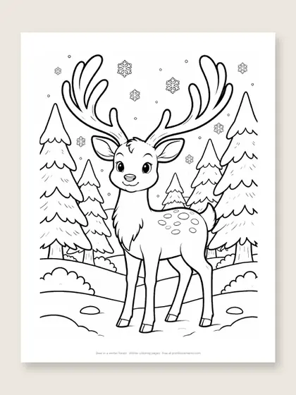Deer in a winter forest: winter coloring page
