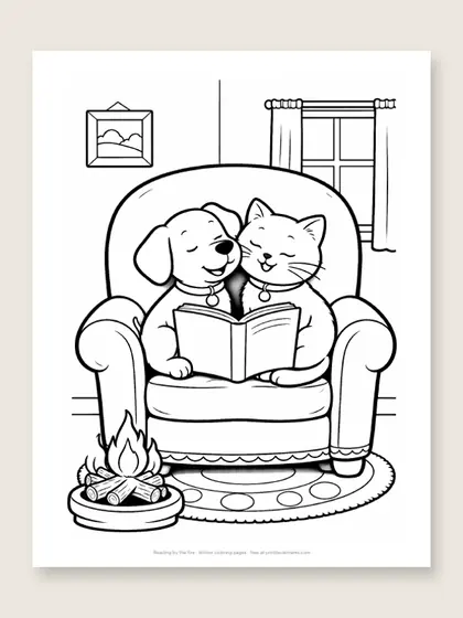 Reading by the fire: winter coloring page