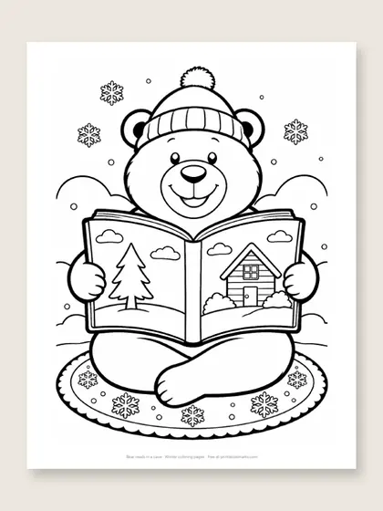 Bear reads in a cave: bear coloring page