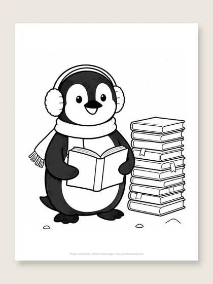 Penguin loves books: winter coloring page