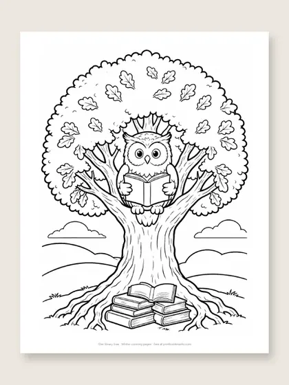 Owl library tree: owl coloring page
